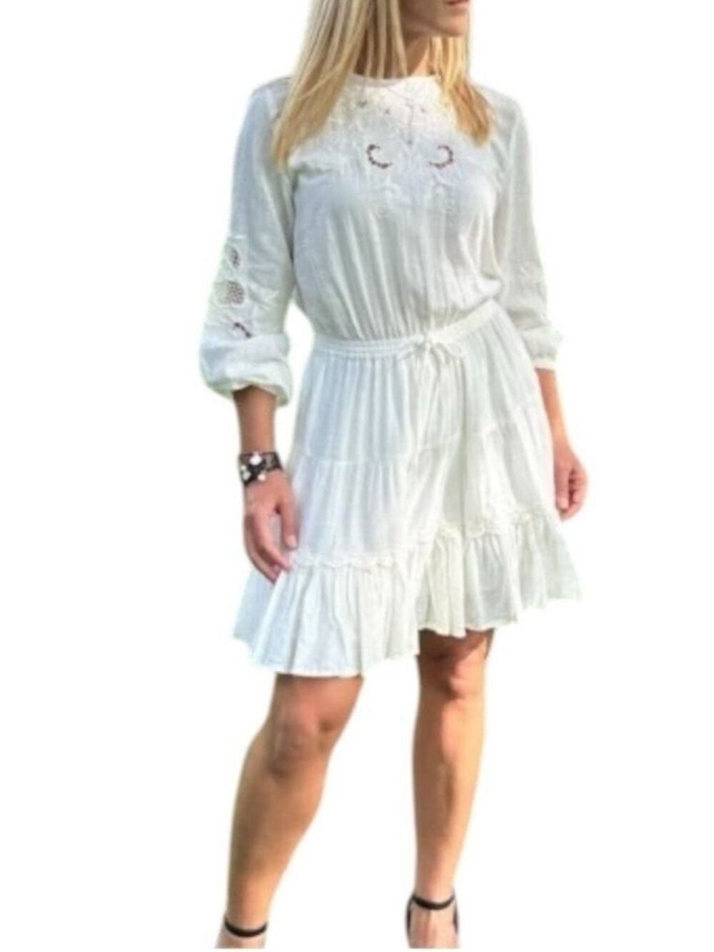 Zara Embroidered Boho Woven Puff Sleeve Elastic Waist Ruffle Tiered Skirt Dress